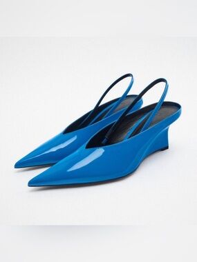 NWT Zara Leather Blue V-Vamp Pointed Toe Wedge Slingback Pumps Size 10